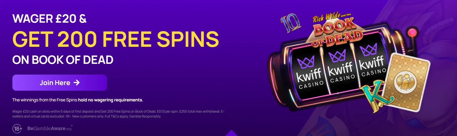 Kwiff Welcome Offer 200 Free Spins on Book of Dead